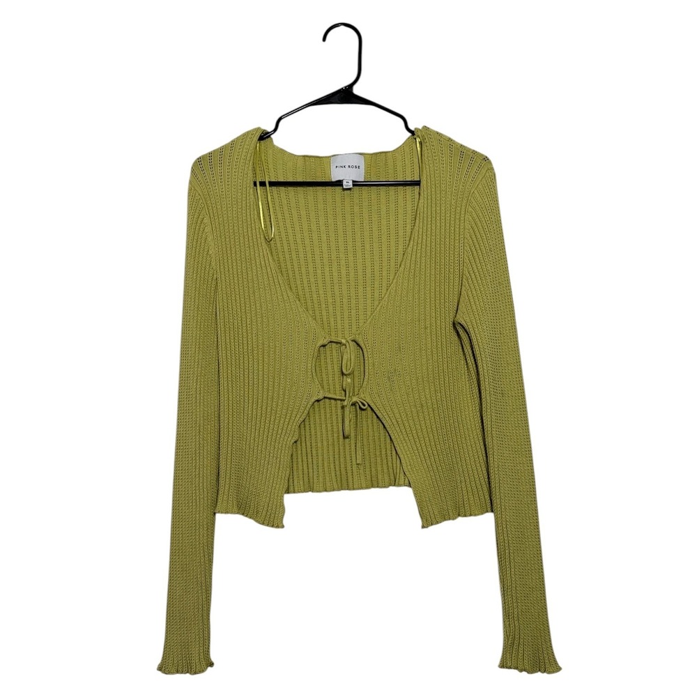 Pink Rose Fairycore Boho Chartreuse Tie Front Ribbed Cropped Cardigan Women's XL